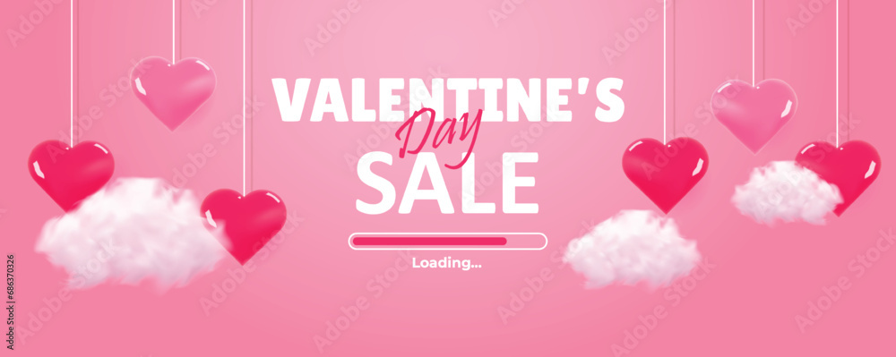 Wall mural happy valentine's day loading poster or voucher. background for sale with realistic cloud and heart.