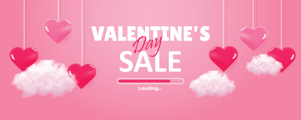 Happy Valentine's day loading poster or voucher. Background for sale with realistic cloud and heart. Valentines day store discount promotion. Vector illustration - obrazy, fototapety, plakaty