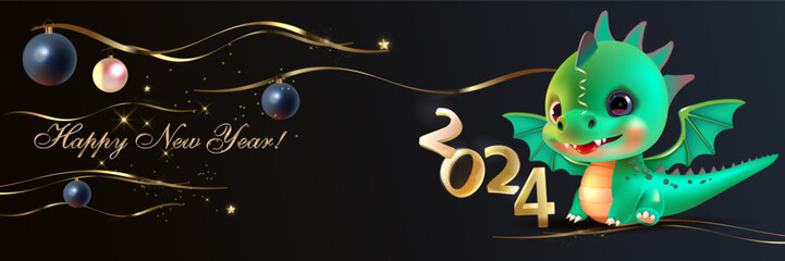 New Year banner with dragon and gold on black background. Greeting card.