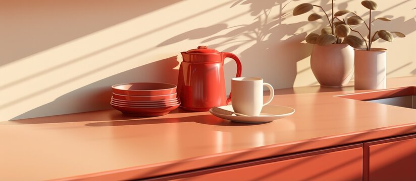 a monochrome red kitchen view from the top with a stylized countertop and everyday utensils in warm morning sunlight