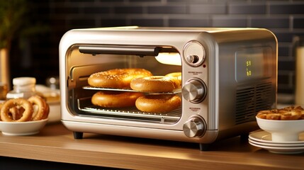 A sleek toaster oven with a golden-brown bagel and a variety of toppings ready for breakfast. - obrazy, fototapety, plakaty