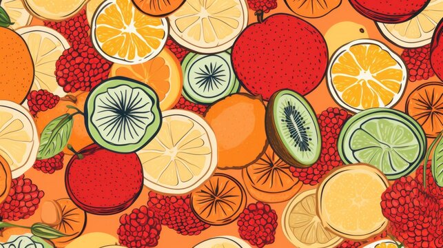  a close up of a bunch of fruit on a table with oranges and kiwi