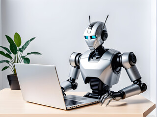 robot working on a laptop