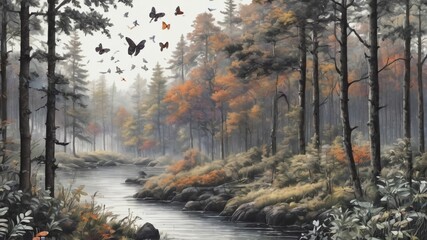 Autumn in the forest.Created with Generative AI technology