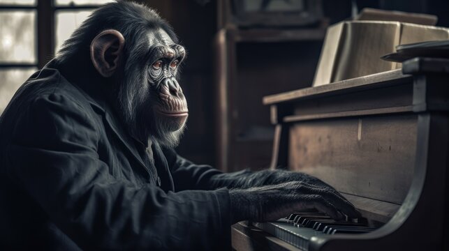 Portrait of a chimpanzee sitting at the piano and playing the instrument. Chimp. Chimpanzee. Evolution Concept