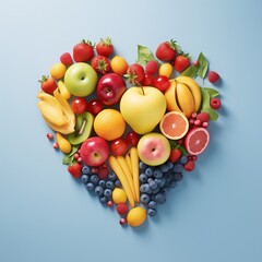 Naklejka na ściany i meble colorful fruits in shape of a heart on pastel blue background. Valentine concept. Generative AI