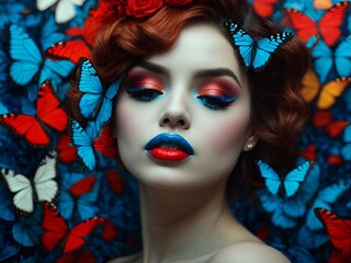 Surreal portrait of a woman with blue makeup in her eyes and red lips with colorful butterflies in...