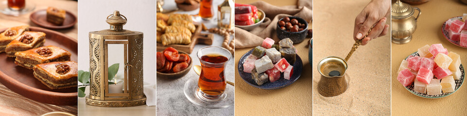 Collage of Turkish tea, coffee, Muslim lantern and traditional sweets