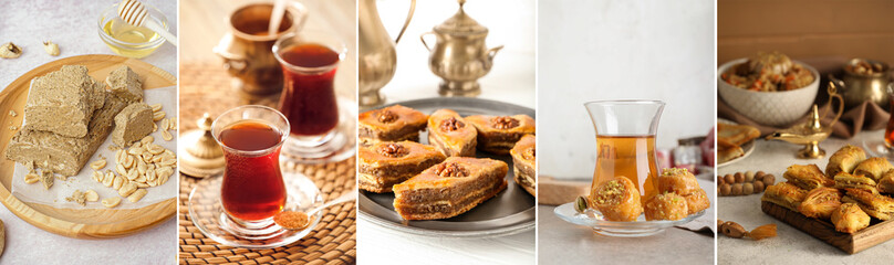 Collage of Turkish tea and traditional sweets