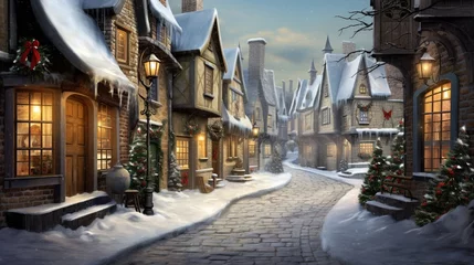 Foto op Aluminium A snowy alley in a charming village, with quaint houses and street lamps lining the path, creating a winter wonderland. © CREATER CENTER