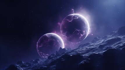 Futuristic Planetscape with Purple Glowing Planets and Stars