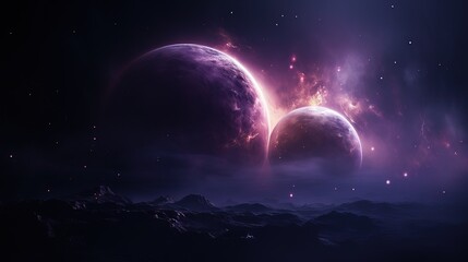 Naklejka na ściany i meble Futuristic Planetscape with Purple Glowing Planets and Stars