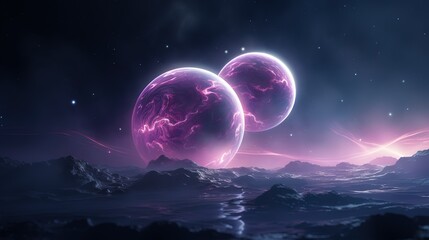 Futuristic Planetscape with Purple Glowing Planets and Stars - obrazy, fototapety, plakaty