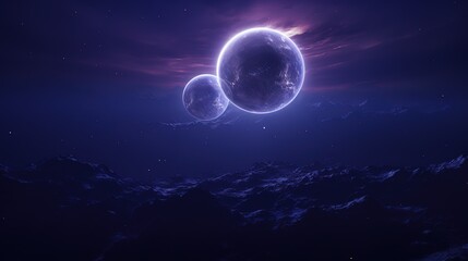 Fototapeta na wymiar Futuristic Planetscape with Purple Glowing Planets and Stars