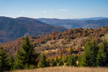 Tops of Golija mountain hills with gloomy and cloudy sky on the horizon