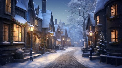 A snowy alley in a charming village, with quaint houses and street lamps lining the path, creating...