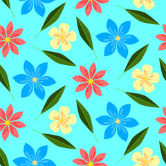 geometrical flowers blooming flat style seamless vector pattern, bright colors 