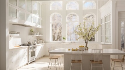 white kitchen, bright and airy, copy space, 16:9