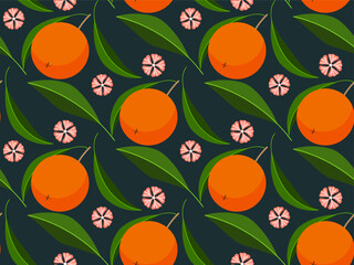 tangerines with leaves and flowers seamless vector pattern, citrus design print