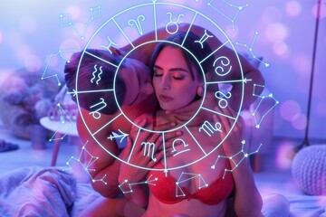 Passionate young couple in bed. Sexual compatibility horoscope