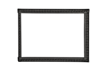 Black ID card holder leather cover frame with empty space isolated on transparent background.