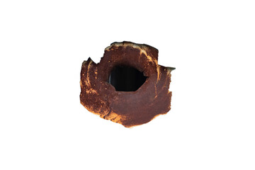 Bullet hole in metal is isolated on transparent background.