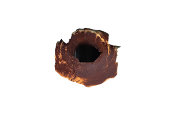 Bullet hole in metal is isolated on transparent background.