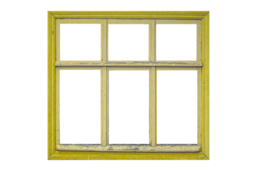 Old big yellow wooden window frame with six sashes isolated on transparent background.	