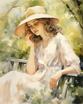 Captivating impressionistic portrait of a young woman, dappled sunlight filtering through leaves, soft brush strokes