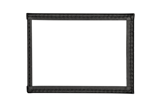 Black ID card holder leather cover frame with empty space isolated on transparent background.