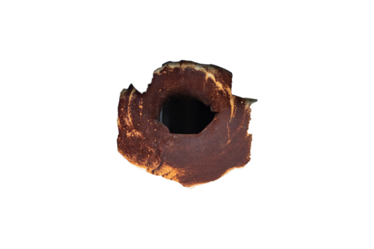 Bullet hole in metal is isolated on transparent background.