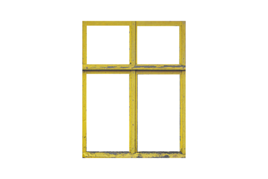Old yellow wooden window frame with four sashes isolated on transparent background.	