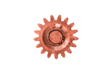 Copper engine gear isolated on transparent background, close-up.