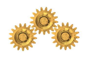 Three golden gears are isolated on transparent background. Cogwheels.	