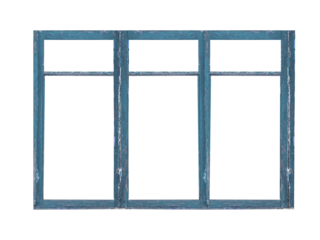 Old big blue wooden window frame with six sashes isolated on transparent background.