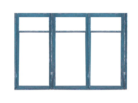 Old big blue wooden window frame with six sashes isolated on transparent background.
