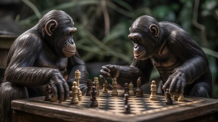 Fototapeta na wymiar Chimpanzee chess pieces on a chessboard with chess pieces. Chimp. Chimpanzee. Evolution Concept