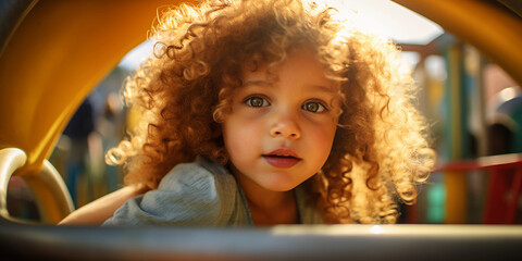 young child, big green eyes, a mess of sunlit golden curls, natural expression
