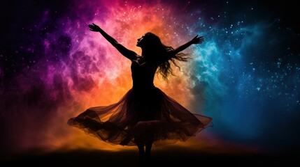 Silhouette of a woman dancing against cosmic backdrop of fiery nebulas and stardust. Concept of...