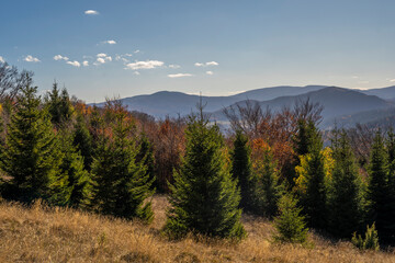 Close-up tops of Golija mountain hills with gloomy and cloudy sky on the horizon