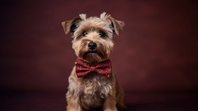 Yorkshire Terrier with Red Bow Tie Portrait. Cute Yorkshire Terrier wearing a stylish red bow tie poses for a portrait with a deep red background.