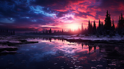 Fototapeta na wymiar Aurora Borealis Reflection on a Forest Lake