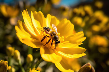 A close-up of a honey bee on a yellow flower