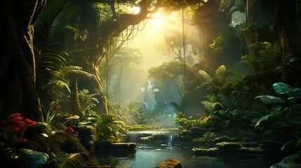 A beautiful fairytale enchanted jungle rainforest with sunbeams. Enchanted tropical rain forest - obrazy, fototapety, plakaty