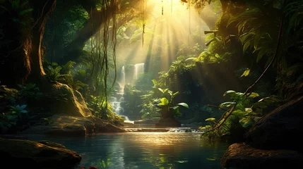 Foto op Canvas A beautiful fairytale enchanted jungle rainforest with sunbeams. Enchanted tropical rain forest © Boraryn