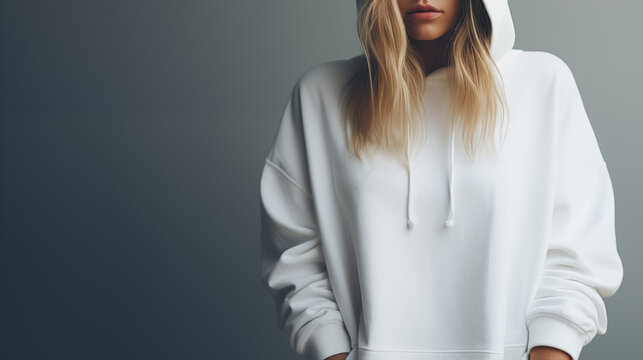 Young beautiful girl in a white hoodie posing. Warm oversized hoodie with an hood. Stylish trendy hipster bow. Trying on clothes in a store. Youth subculture. Fashion clothing. Generated AI