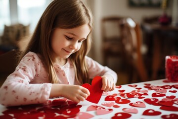 Kid making heart-shaped Valentine's card - obrazy, fototapety, plakaty