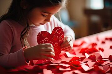 Kid making heart-shaped Valentine's card - obrazy, fototapety, plakaty