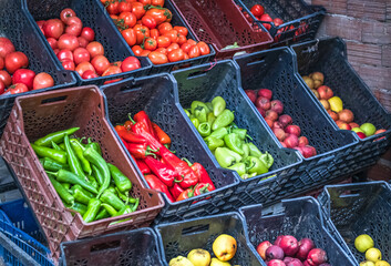 Fresh farmers market fruit and vegetable on display. Healthy clean eating, dieting concept.