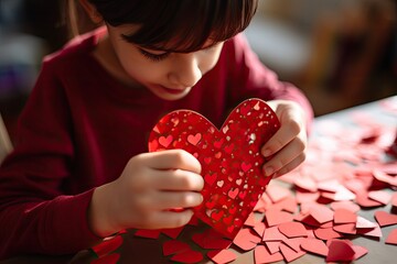 Kid making heart-shaped Valentine's card